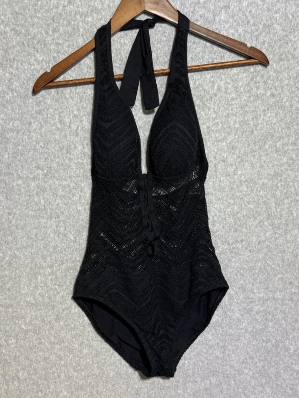 Black Crochet Lace Halter One Piece Swimsuit Size 4 Lace-Up Plunge